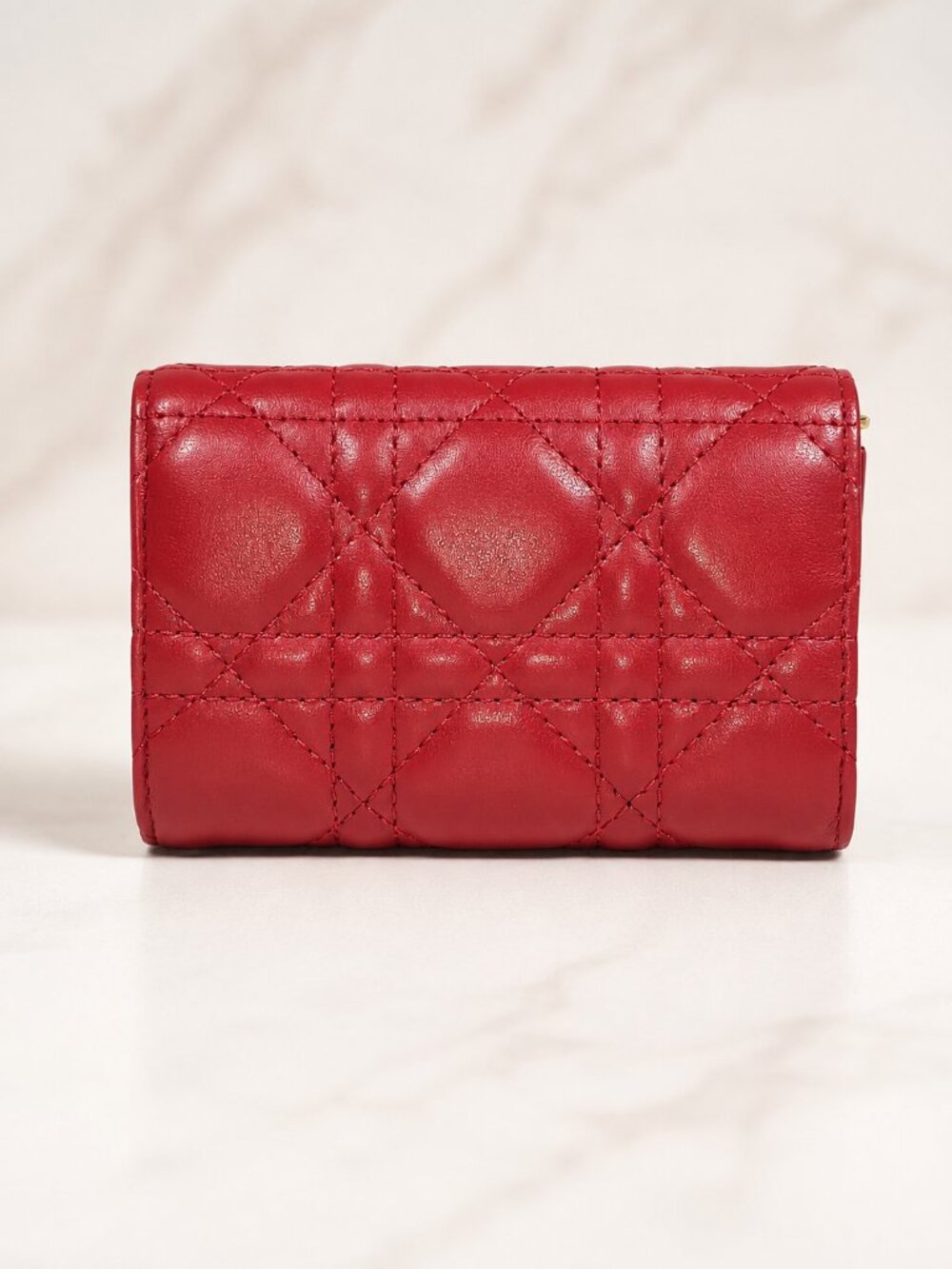 Christian Dior Lady Dior Cannage Quilted Red Leather Wallet w/ Gold Charms - New - Picture 2 of 6